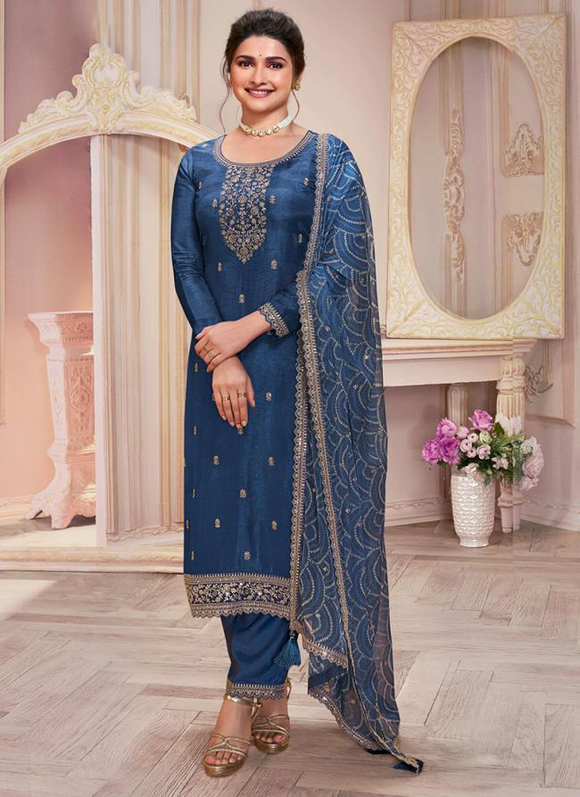 Silk Georgette Sea Blue Festival Wear Embroidery Work Straight Suit